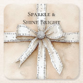 クリームホワイトシルバーグリジーグラムボウ誕生日 スクエアペーパーコースター (正面)