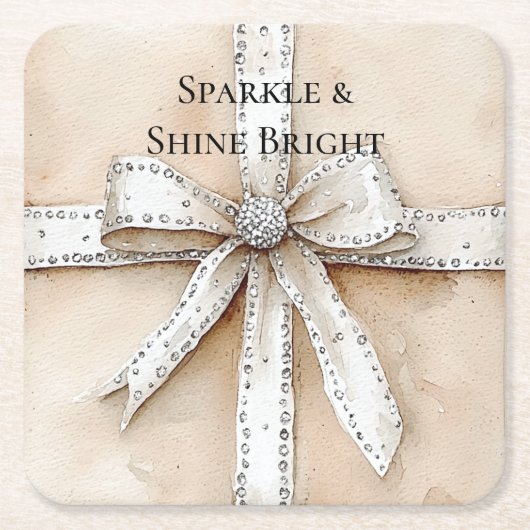 クリームホワイトシルバーグリジーグラムボウ誕生日 スクエアペーパーコースター (正面)