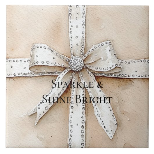 クリームホワイトシルバーグリジーグラムボウ誕生日 タイル (正面)