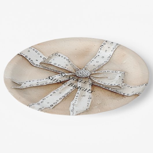 クリームホワイトシルバーグリジーグラムボウ誕生日 ペーパープレート (アングル)