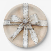 クリームホワイトシルバーグリジーグラムボウ誕生日 ペーパープレート (正面)