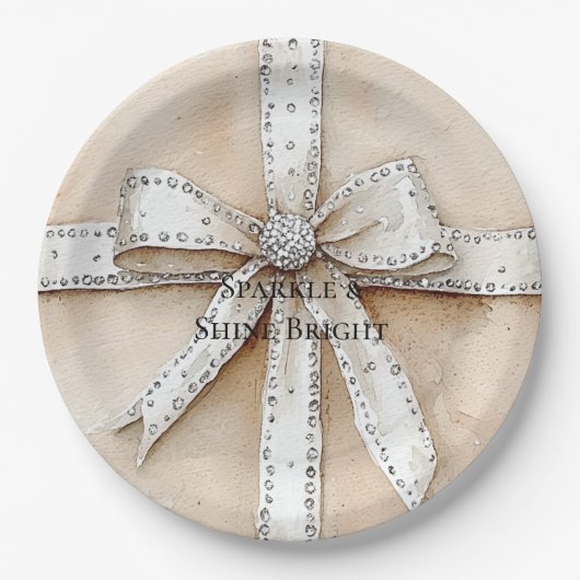 クリームホワイトシルバーグリジーグラムボウ誕生日 ペーパープレート (正面)