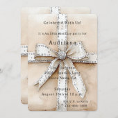 クリームホワイトシルバーグリジーグラムボウ誕生日 招待状 (正面/裏面)