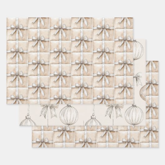 クリームホワイトシルバーグリジーグラムボウ ラッピングペーパーシート (セット)