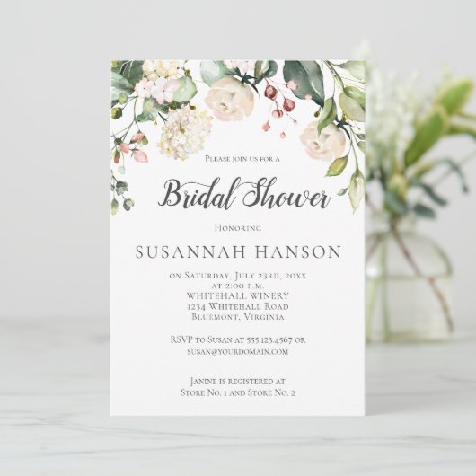 クリームホワイトピンクウォーターカラーフローラブライダルシャワー 招待状 (スタンド正面)