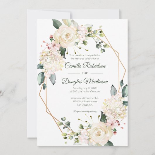 クリームホワイトピンクフローラジオメト結婚リ | 招待状 (正面)