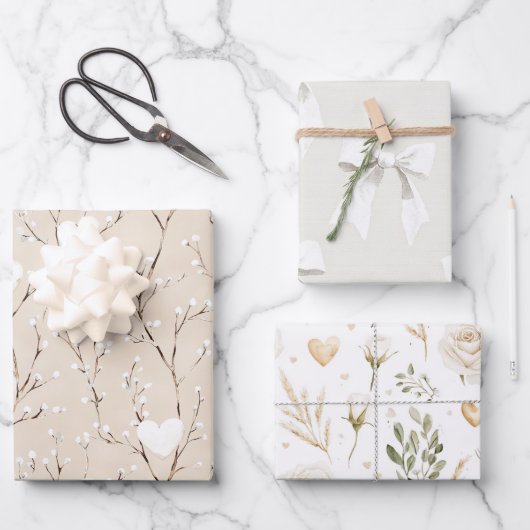 クリームホワイトボウズハートボホフローラ誕生日 ラッピングペーパーシート (正面)