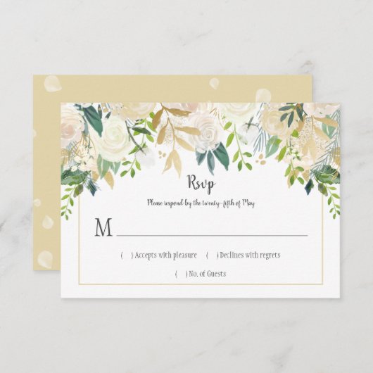 クリームホワイトローズカスケードグリッターグリーンリーRSVP | 出欠カード (正面/裏面)