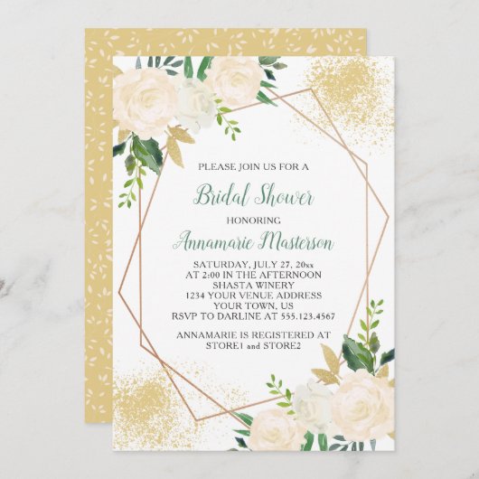 クリームホワイトローズグリーンリージオメトリックブライダルシャワー 招待状 (正面/裏面)