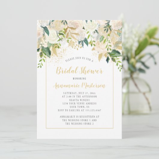 クリームホワイトローズ金ゴールドアクセントブライダルシャワー 招待状 (スタンド正面)