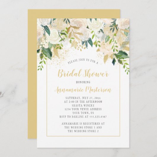 クリームホワイトローズ金ゴールドアクセントブライダルシャワー 招待状 (正面/裏面)