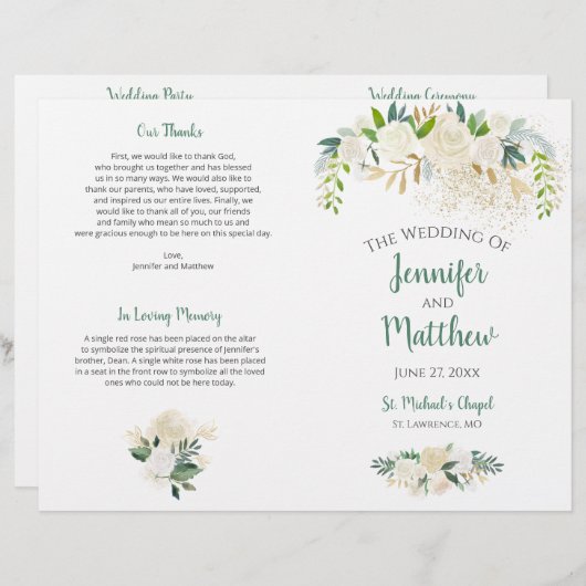 クリームホワイトローゼス金ゴールドグリッター結婚式 プログラム (正面/裏面)