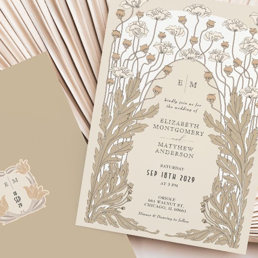 クリームホワイトヴィンテージアールヌーボー結婚フローラ 招待状