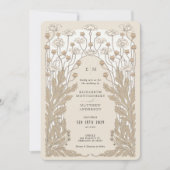 クリームホワイトヴィンテージアールヌーボー結婚フローラ 招待状 (正面)