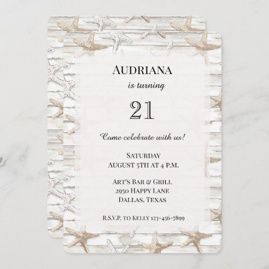 クリームホワイト海ヒトデビーチ誕生日 招待状 (正面/裏面)