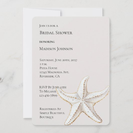 クリームホワイト金ゴールドヒトデビーチブライダルシャワー 招待状 (正面)