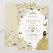 クリームホワイト金ゴールドフローラバタフライバラキンセアニェラ 招待状 (正面/裏面)