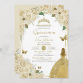 クリームホワイト金ゴールドフローラバタフライバラキンセアニェラ 招待状 (正面/裏面)