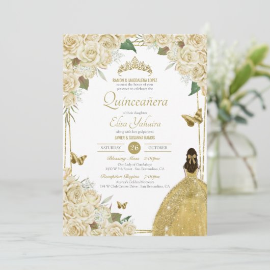 クリームホワイト金ゴールドフローラバタフライバラキンセアニェラ 招待状 (スタンド正面)