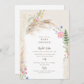 クリームボホパンパスワイルドフラワーベビーシャワー 招待状 (正面/裏面)