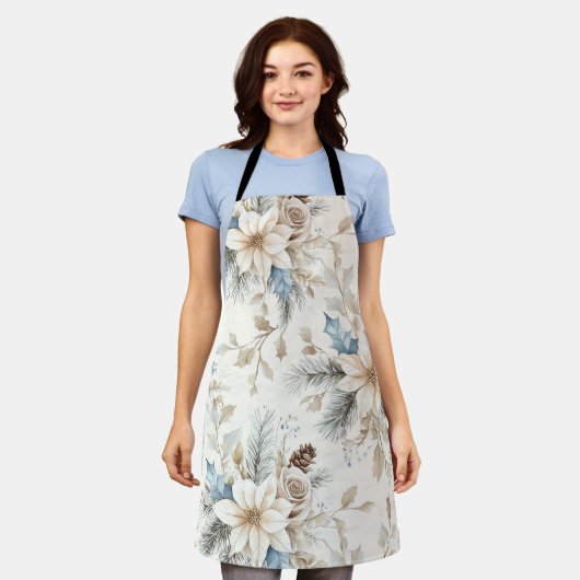 クリームポインセティアブルーフローラクリスマス エプロン (着用した状態)