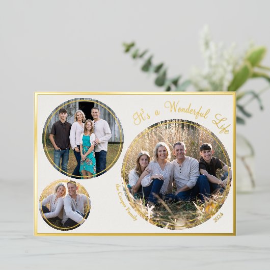 クリームミニマエレガントリストクリスマス3枚の写真 箔シーズンカード (立ち正面)