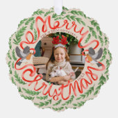 クリームメリークリスマスフォーク葉リース写真 オーナメントカード (正面)