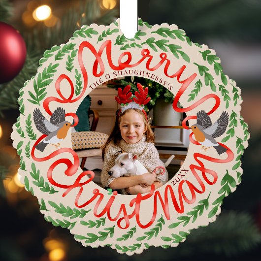 クリームメリークリスマスフォーク葉リース写真 オーナメントカード