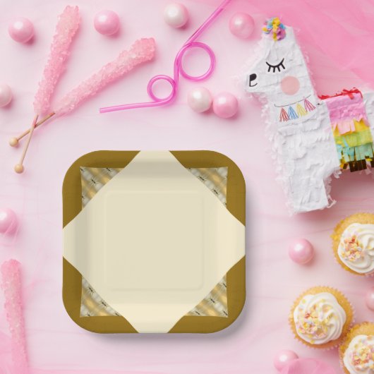 クリームモダンと金ゴールドの正方形 ペーパープレート (パーティー)