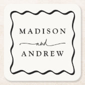 クリームモダンと黒の波状のフレ結婚ーム スクエアペーパーコースター (正面)