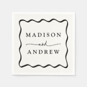 クリームモダンと黒の波状のフレ結婚ーム スタンダードカクテルナプキン (正面)