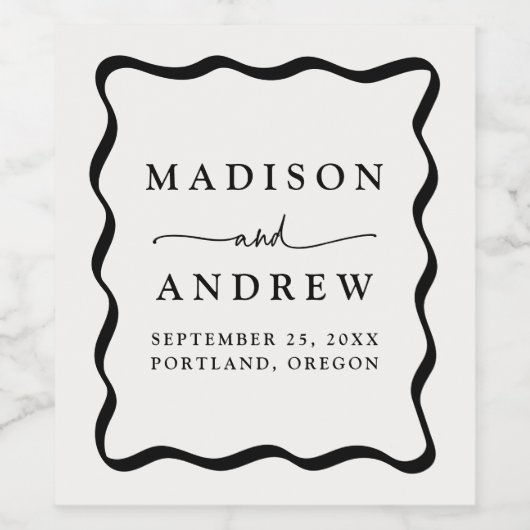 クリームモダンと黒の波状のフレ結婚ーム ワインラベル (シングルラベル)