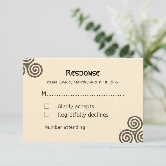 クリームモダンのケルトの記号と葉 出欠カード (スタンド正面)