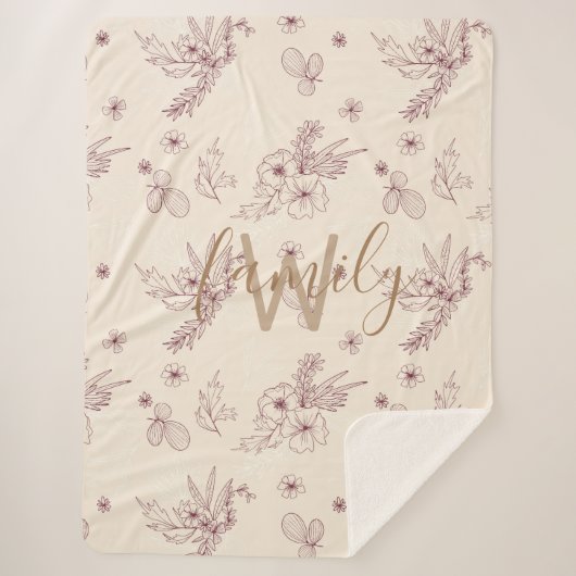 クリームモダンステンシルフローラモノグラム シェルパブランケット (正面)