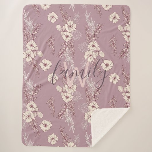 クリームモダンステンシルフローラモノグラム シェルパブランケット (正面)