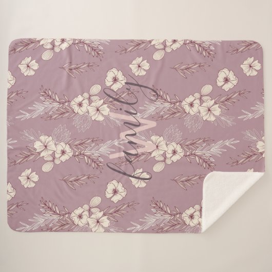 クリームモダンステンシルフローラモノグラム シェルパブランケット (正面(横))