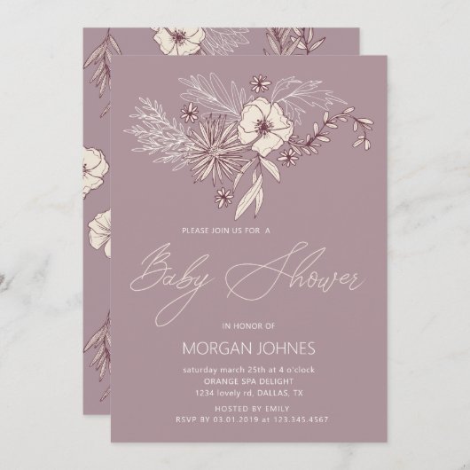 クリームモダンフローラベビーシャワー招待状 (正面/裏面)