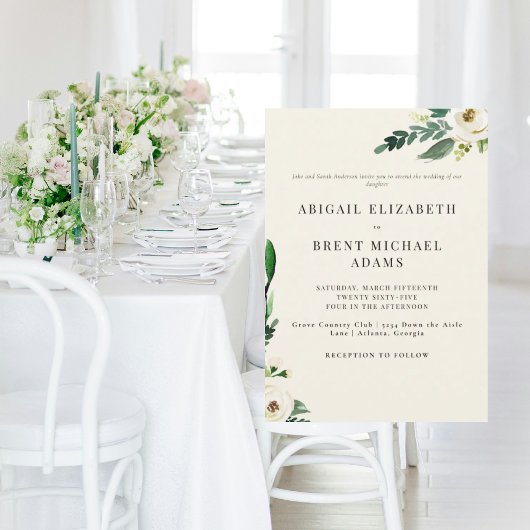 クリームモダンホワイトフローラ花嫁の親結婚ズ 招待状