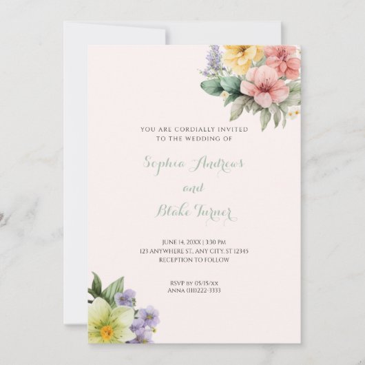 クリームモダン結婚式招待状&パステルフラワーズ 招待状 (正面)