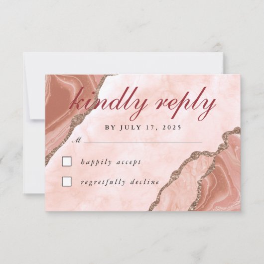 クリームモダン赤面アゲートソフトピンクグリッター金ゴールド 出欠カード (正面)