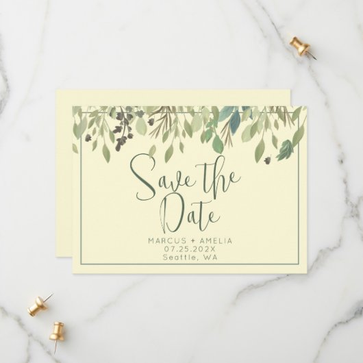 クリームモダン&ユーカリ日付を保存 セーブザデート (正面/裏面インサイチュ)