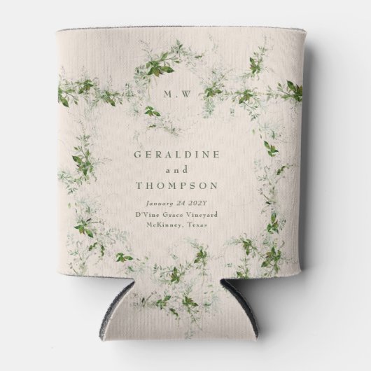 クリームユエレガントーカリプトゥスモノグラム結婚の贈り物 缶クーラー (正面)