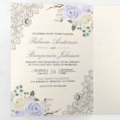 クリームラベ素朴ンダーパープルフローラレース結婚ズ 三つ折り招待状 (内部最初)