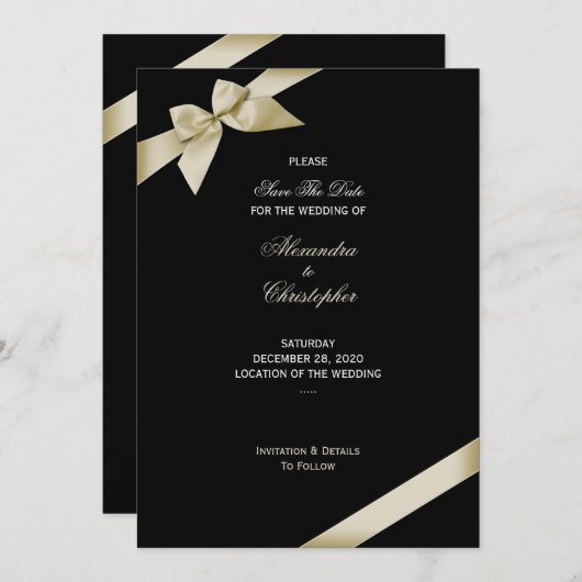 クリームリボン結婚式の日付を保存2 セーブザデート (正面/裏面)