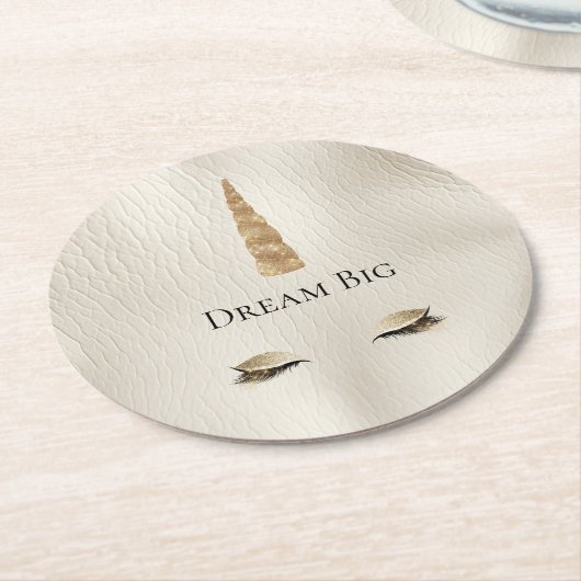クリームレザーフェイク金ゴールドスパークルグラムユニコーン ラウンドペーパーコースター (アングル)