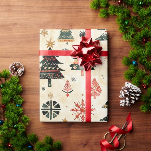 クリームレッドグリーンウェスタンクリスマスツリー ラッピングペーパー (クリスマスギフト)