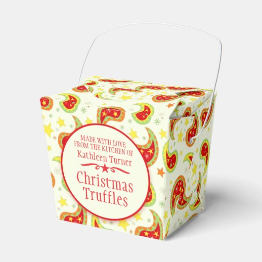クリームレッドグリーンクリスマススターペイズリーギフトボックス フェイバーボックス (正面サイド)
