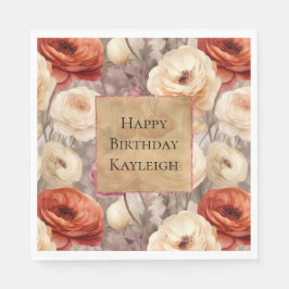 クリームレッドブルゴーニュフローラ誕生日 スタンダードランチョンナプキン