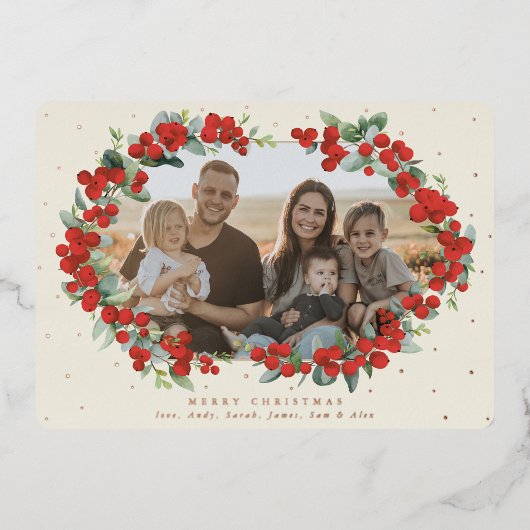 クリームレッドベリー+ユーカリのクリスマスフォト 箔シーズンカード (正面)