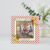 クリームレッドペパーミントストライプホリーフォトクリスマス シーズンカード (スタンド正面)